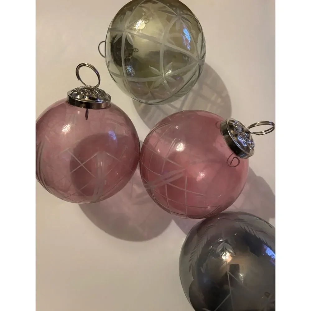 Vintage Pottery Barn Etched Glass Large Holiday Ornaments Set of 4